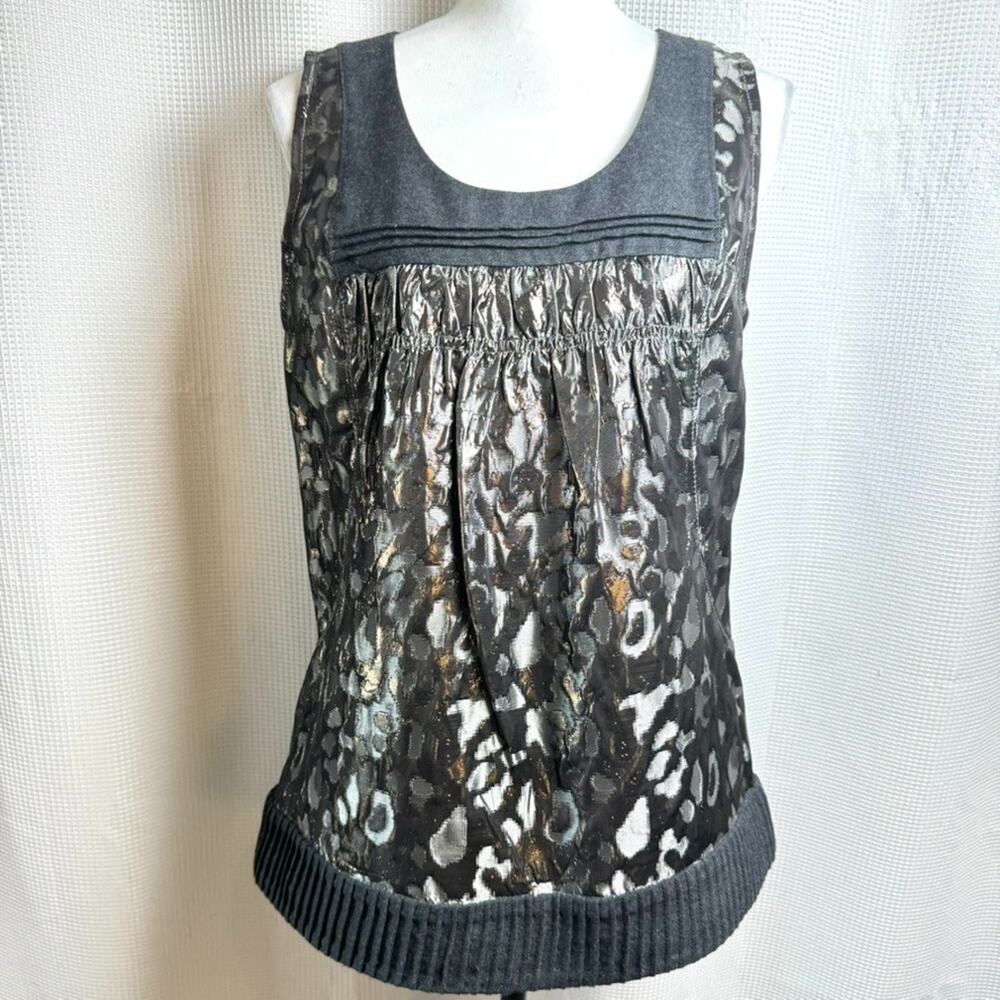 Tory Burch Black Metallic Sleeveless Blouse Top Leopard Animal Print Sz 12 READ